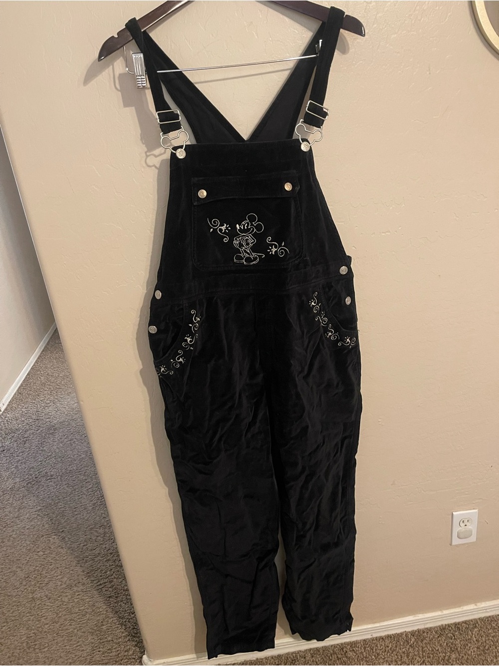 Vintage Black Women's velvet Overalls with Embroidered Mickey